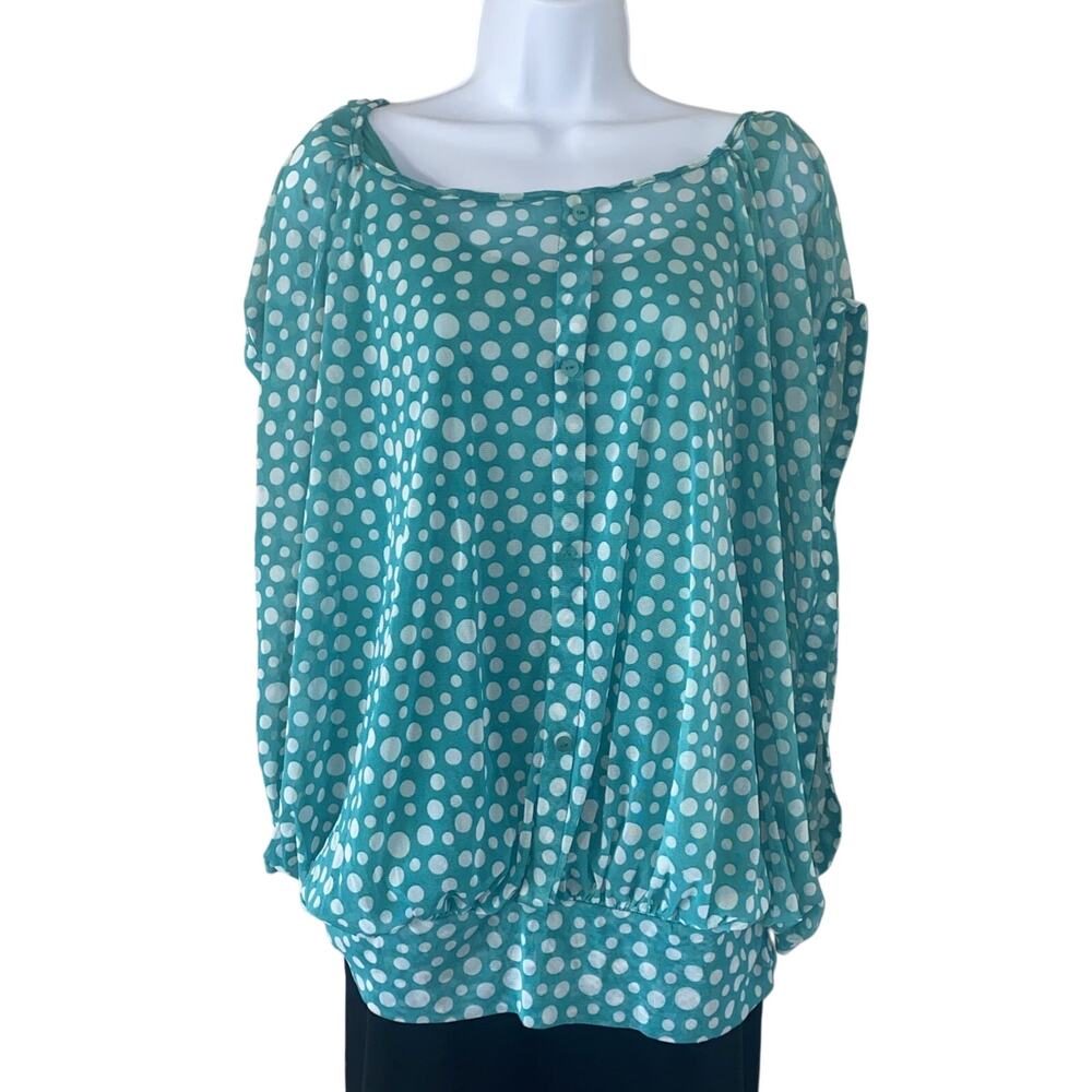 90's VTG French Laundry Plus 2X Boho Rockabilly Polka Dot Draped Coquette Blouse